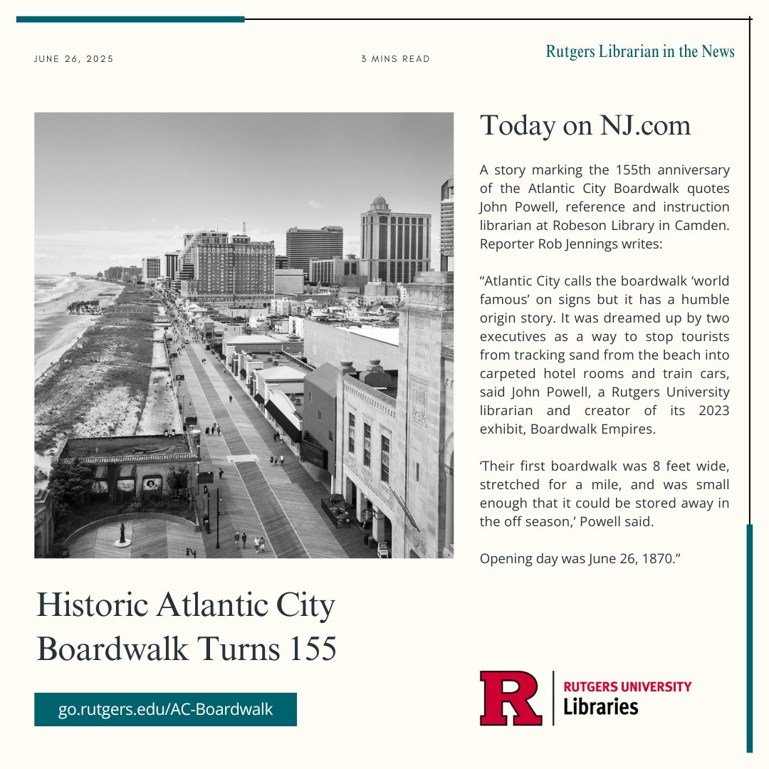 Rutgers University Libraries (@rulibraries) on Twitter photo Thank you <a href="/RobJenningsNJ/">Rob Jennings</a> for this fascinating story on the Atlantic City Boardwalk for the boardwalk's 155th anniversary. We were glad to connect you with librarian John Powell of Robeson Library at <a href="/Rutgers_Camden/">Rutgers–Camden</a> .
go.rutgers.edu/AC-Boardwalk Thank you <a href="/RobJenningsNJ/">Rob Jennings</a> for this fascinating story on the Atlantic City Boardwalk for the boardwalk's 155th anniversary. We were glad to connect you with librarian John Powell of Robeson Library at <a href="/Rutgers_Camden/">Rutgers–Camden</a> .
go.rutgers.edu/AC-Boardwalk