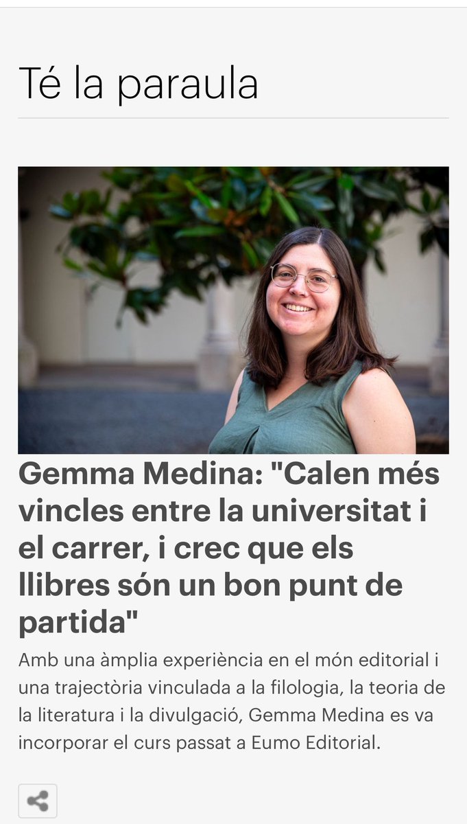 “Els llibres d’assaig han de ser llegidors i addictius, també!, s’ha de trencar el tòpic que només ens podem enganxar a llegir novel·les.” 👉 apunt.uvic.cat/te-la-paraula/… <a href="/gemmedes/">Gemma Medina</a> a #LApunt <a href="/uvic_ucc/">UVic-UCC</a> <a href="/Eumo_Editorial/">Eumo Editorial</a>