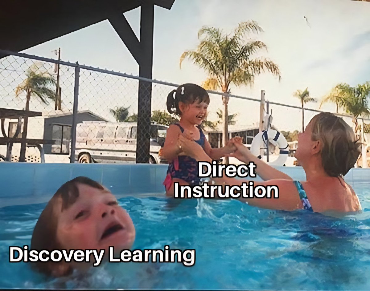 Sitting at the YMCA watching my 3-year-old son receive explicit instruction in swimming. 

"Move your arms like this, show me hold your breath, kick your feet". All with practice, repetition, and constant positive feedback. 

This is the way we learn.