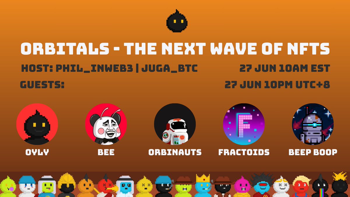 Join us on the next Oyly Community Space:
Orbitals - The Next Wave of NFTs

🎙 Host: <a href="/Phil_inweb3/">Phil 🧑🏻‍🎨 Building Alkanes 🧪</a>  <a href="/juga_btc/">Mr. J | 💀🧪 Building on Alkanes</a>

📅 Time: June 27, 10AM (EST)

Guests:
🐝 BEE <a href="/Alkanesbee/">Bee 2:590 🐝</a>
🚀 ORBINAUTS <a href="/Orbinauts/">Orbinauts</a>
🪐 FRACTOIDS <a href="/fractoid_s/">fractoids 🌬️Building Alkanes</a>
🤖 BEEP BOOP <a href="/satonomy/">Satonomy</a>