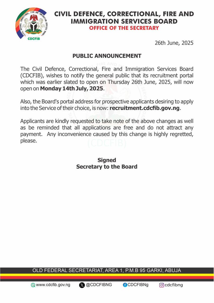 PUBLIC ANNOUNCEMENT – CDCFIB RECRUITMENT UPDATE

The Civil Defence, Correctional, Fire and Immigration Services Board (CDCFIB) wishes to inform the general public that the recruitment portal will now open on Monday, 14th July, 2025, instead of the earlier date (Thursday, 26th