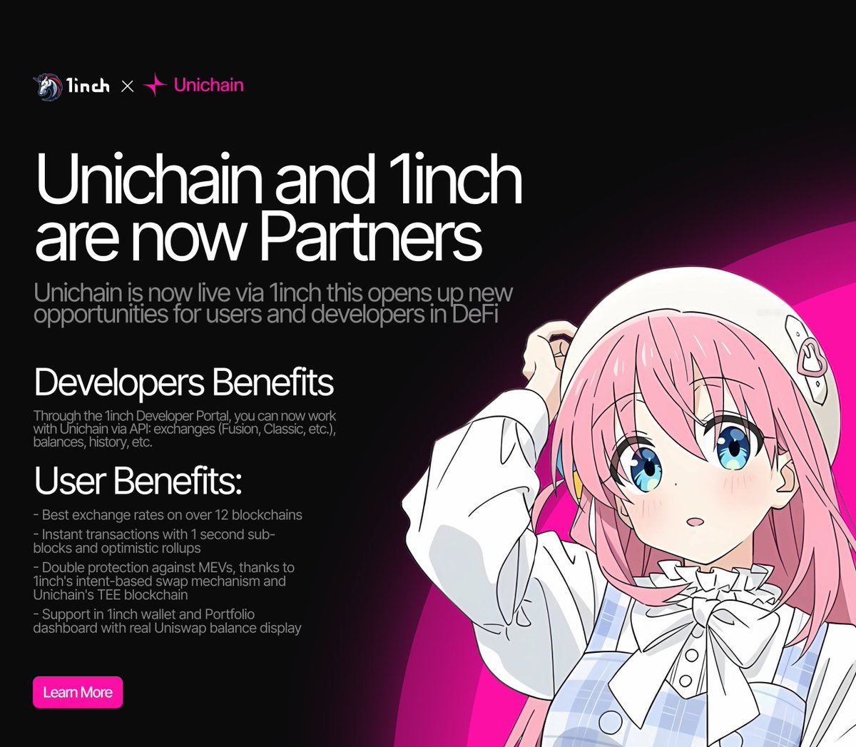 Unichain and 1inch are now partners!

Unichain now works through 1inch, which opens up new opportunities for users and developers in DeFi.

Benefits for developers:
Through the 1inch developer portal you can work with Unichain via API: exchanges, balances, history and more.