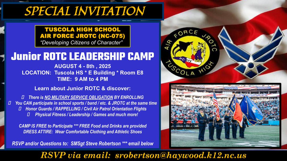 THSAirpower's tweet photo. NC-075 Summer Leadership Camp *** August 4-8th @ Tuscola HS. #nc075 #thsairpower https://t.co/ekwoAPfMM3 https://t.co/Gc4bQVLUmD