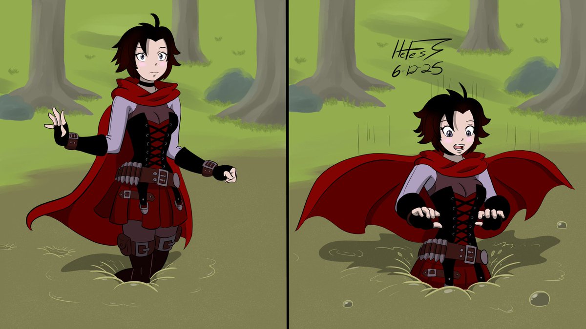 Part 1:
Ruby's teammates were in trouble deep in the forest outside of Beacon Academy, so she brazenly rushed in to assist them, landing in trouble herself in the form of a bottomless quicksand marsh. Within seconds, the huntress became the DIS-tressed ;D
#RWBY
