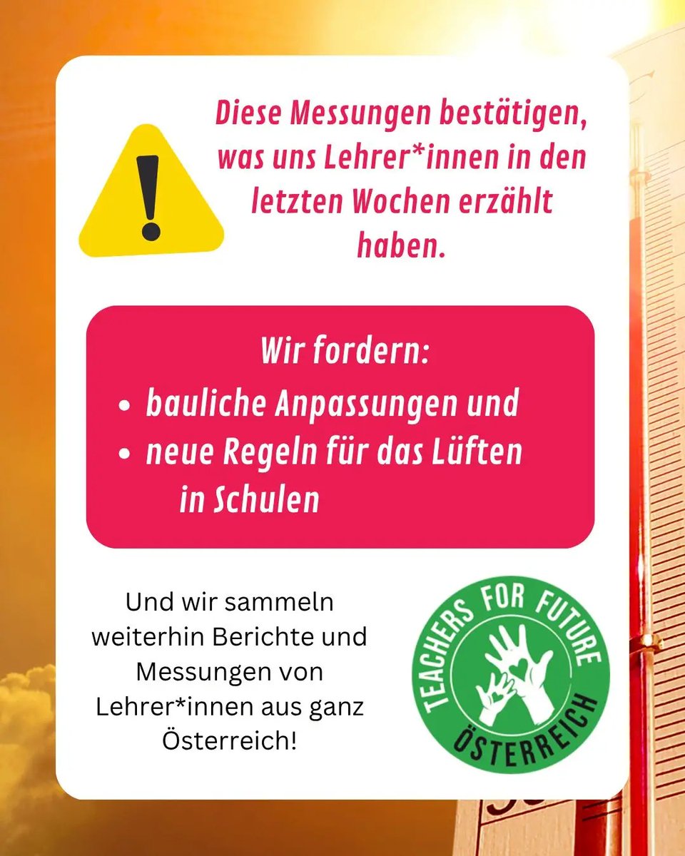 Hannes Grünbichler (@hgrunbichler) on Twitter photo Ich kann die Forderung der <a href="/TFF_Oesterreich/">Teachers For Future Österreich</a> als Vorsitzender der Lehrervertretung <a href="/oeliug/">Österreichische LehrerInnen Initiative</a> nur unterstützen. Messungen von <a href="/GreenpeaceAT/">Greenpeace Österreich</a> und der <a href="/BOKUvienna/">BOKU University</a> bestätigen die Hitze und der <a href="/IBPSC_tugraz/">IBPSC</a> die schlechte Luft in Klassenzimmern.
wien.orf.at/stories/331107… Ich kann die Forderung der <a href="/TFF_Oesterreich/">Teachers For Future Österreich</a> als Vorsitzender der Lehrervertretung <a href="/oeliug/">Österreichische LehrerInnen Initiative</a> nur unterstützen. Messungen von <a href="/GreenpeaceAT/">Greenpeace Österreich</a> und der <a href="/BOKUvienna/">BOKU University</a> bestätigen die Hitze und der <a href="/IBPSC_tugraz/">IBPSC</a> die schlechte Luft in Klassenzimmern.
wien.orf.at/stories/331107…