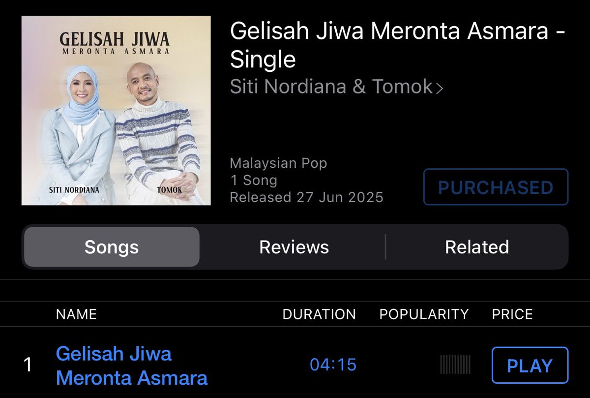 aliahatikah_'s tweet photo. Jom korang buat buying party #GJMA 😍🤍 #sitinordiana 

Gelisah Jiwa Meronta Asmara - Single by Siti Nordiana &amp; Tomok https://t.co/9OVOTThiGH https://t.co/qJYv2Cyz7G