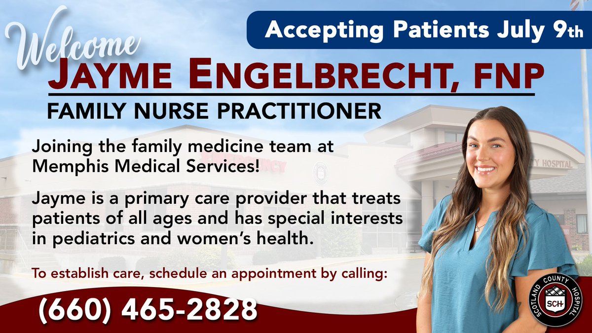 ScotlandCoHosp's tweet photo. We would like to welcome Jayme Engelbrecht, FNP to our Memphis Medical Services team! 

Jayme will be accepting patients beginning July 9th. https://t.co/bfVj0jr7eN