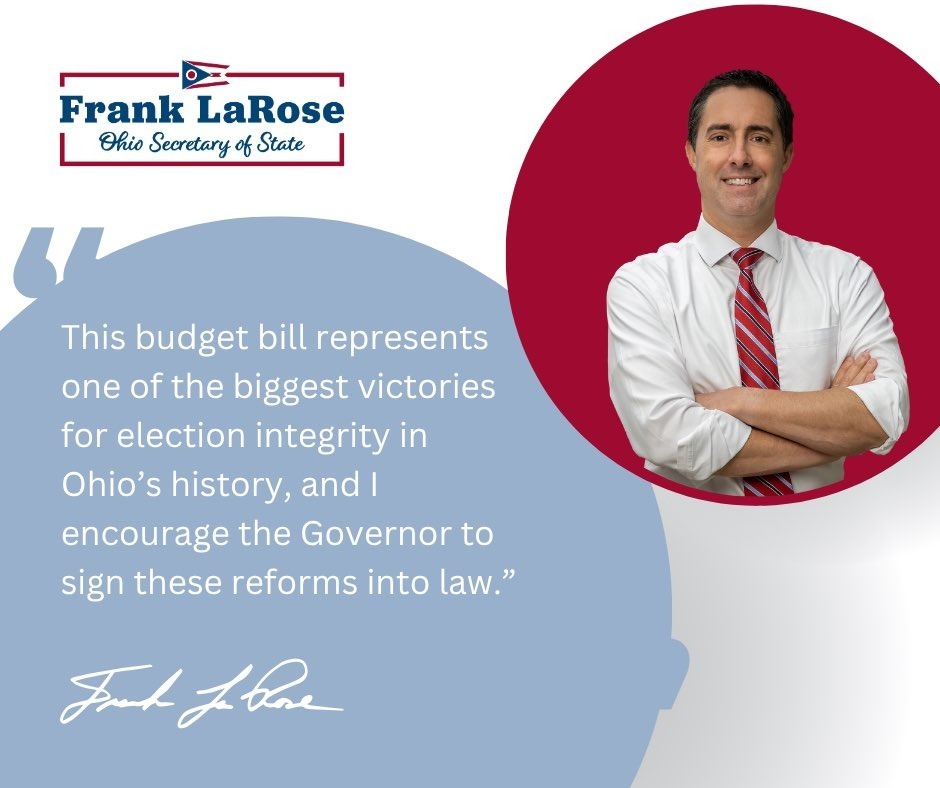 ICYMI: Secretary LaRose Issues Statement Regarding General Assembly Passage of Biennial State Operating Budget

🔗 Full Statement: ohiosos.gov/media-center/p…