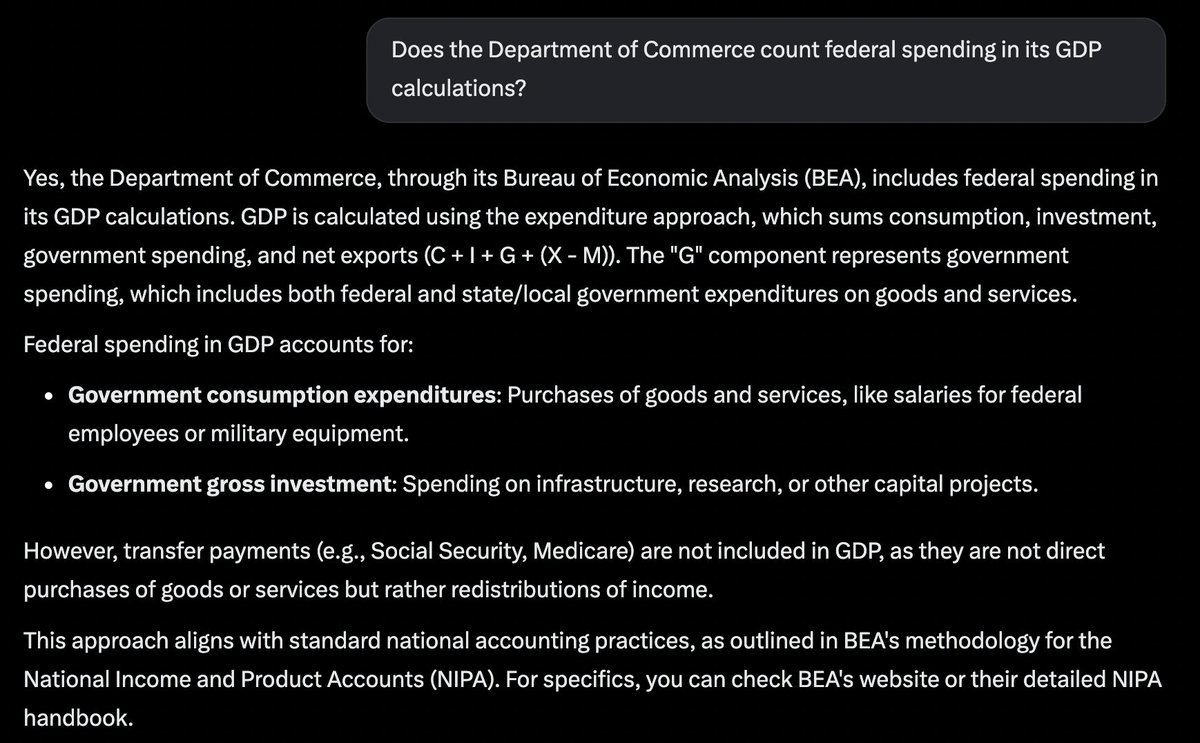 Read the below article which worrisomely tells us that GDP is contracting.

Now note the sentence towards the end that states:

"And federal government spending fell at a 4.6% annual pace, the biggest drop since 2022."

Now I'm no expert at economic statistics, but Grok tells me