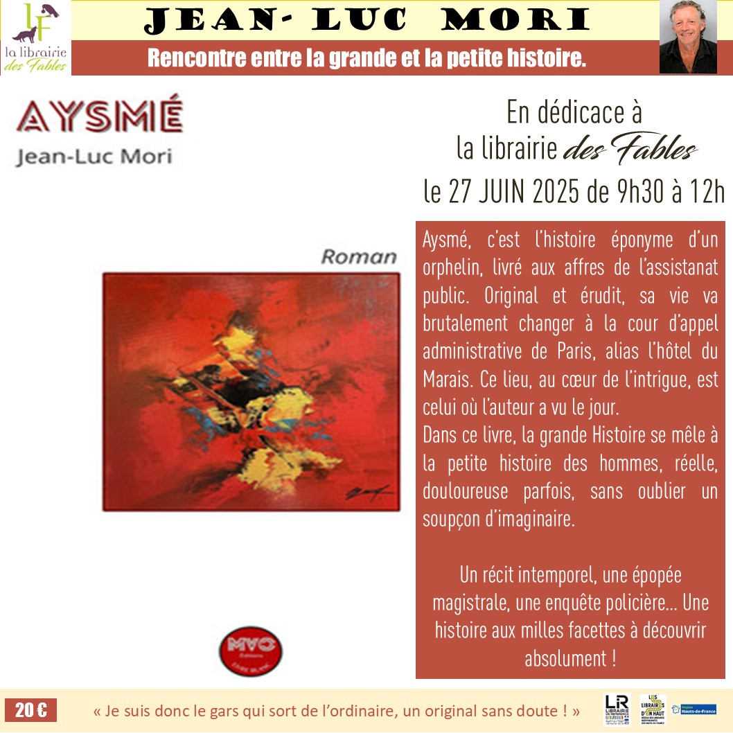 Départ du week-end de dédicaces 
Demain, pas d'orage (ouf !), mais une belle dédicace pour ensoleiller la journée !
Retrouvez Jean-Luc Mori ce vendredi 27 juin de 9h30h à 12h à l'occasion de la publication de son roman Aysmé aux éditions MVO.
#dédicaces  #librairie