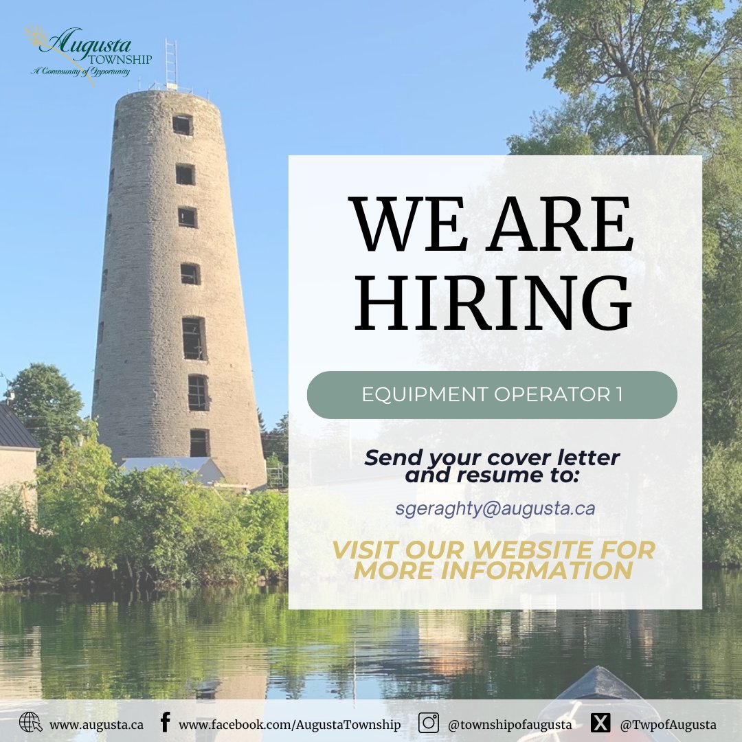 AUGUSTA TOWNSHIP IS HIRING
We are currently accepting applications for the following positions:

Public Works – Equipment Operator 1
Visit our website for more details: augusta.ca/jobopportuniti…