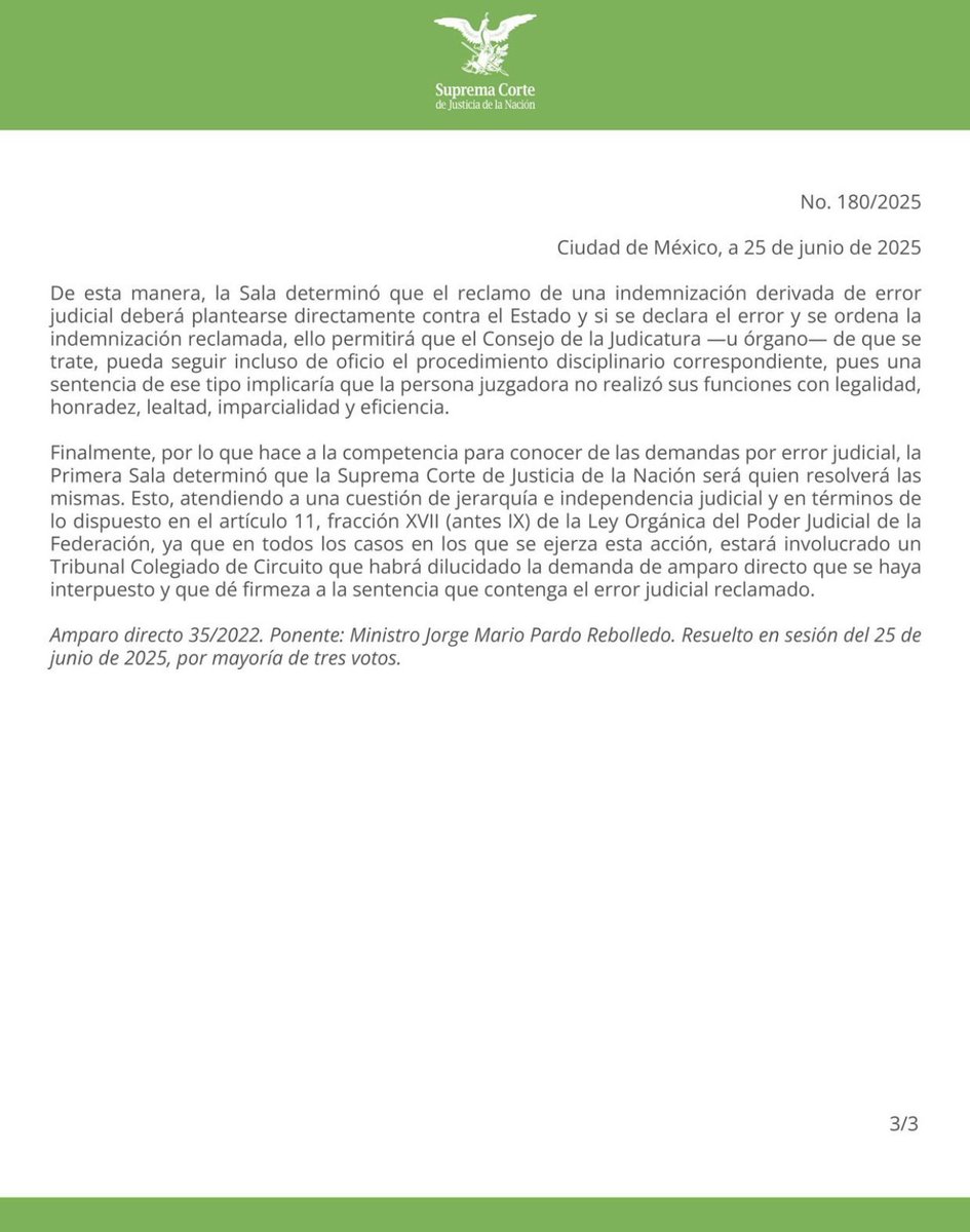 LA PRIMERA SALA EMITE LINEAMIENTOS RELATIVOS AL RECLAMO DE INDEMNIZACIÓN POR ERROR JUDICIAL