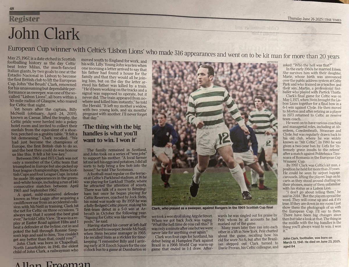 Obituary. John Clark one of the Lisbon Lions …..