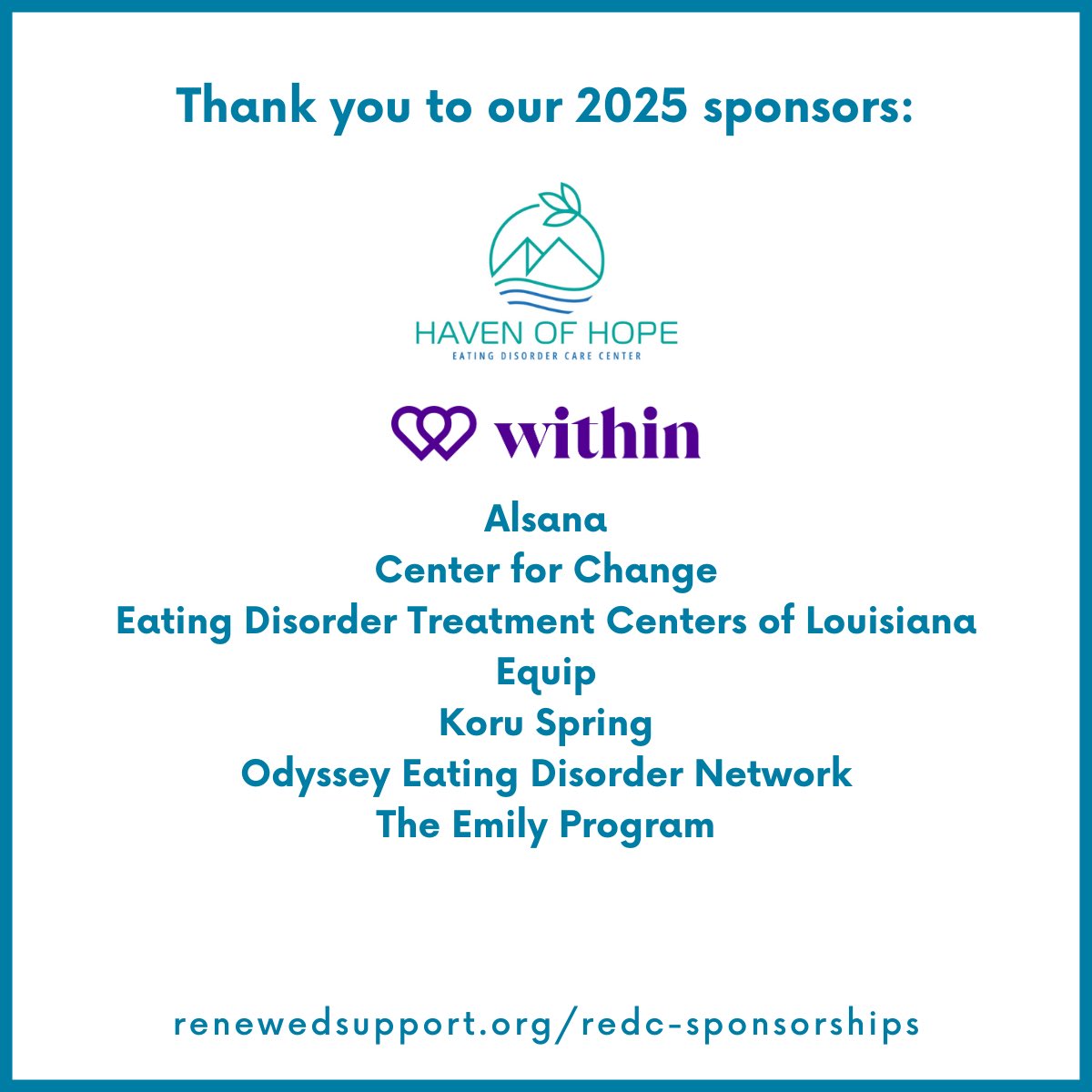 Tickets and sponsorships are now on sale for the 21st Annual Renewed Eating Disorders Conference, presented by Haven of Hope Eating Disorder Care Center! Join us on Friday, Sept. 26, 2025 for a fun day of learning and networking in Franklin, TN!

renewedsupport.org/redc