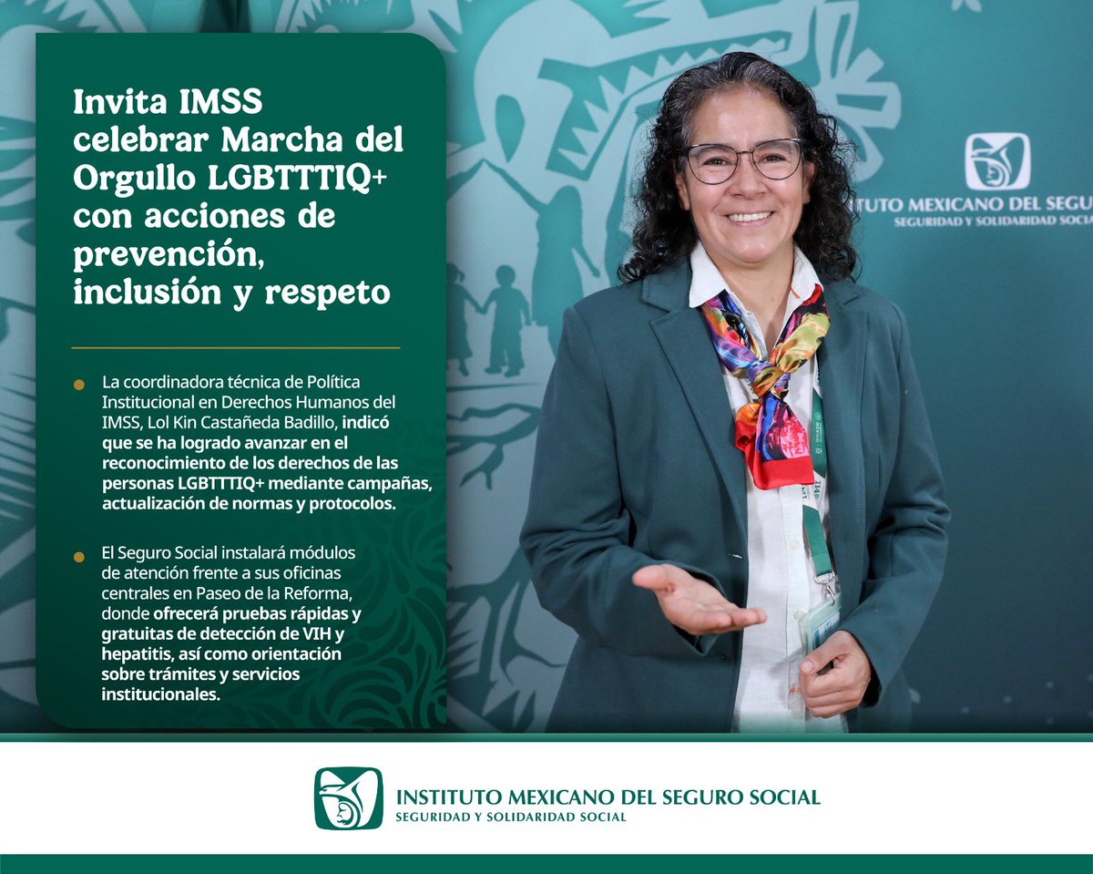 Invita IMSS celebrar Marcha del Orgullo LGBTTTIQ+ con acciones de prevención, inclusión y respeto.✨🌈

🔗goo.su/zzIxUJ