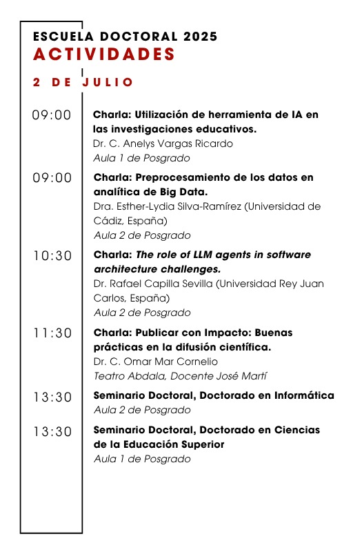 📌 Participa en nuestra Escuela Doctoral 2025 | Comprometida con la excelencia científica y la formación de alto nivel. Un espacio para el pensamiento crítico, la investigación y el diálogo académico. Consulta aquí algunas de las actividades que se proponen. 👇 #SomosUCI #Cuba