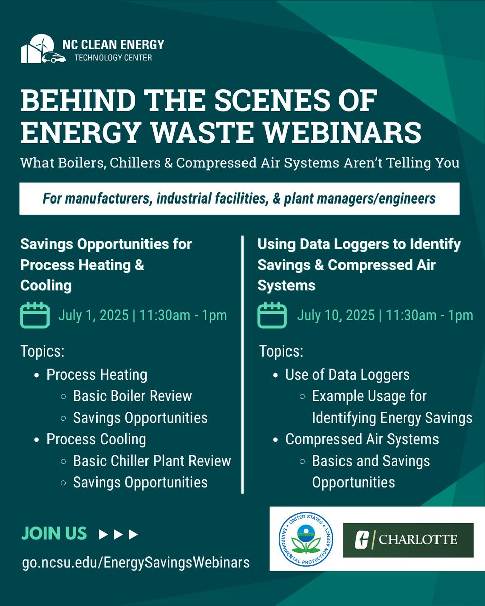 We are hosting two webinars that will identify opportunities for energy cost savings in manufacturing facilities! Join us on July 1 and July 10, 2025, from 11:30am to 1:00pm. Register at go.ncsu.edu/energysavingsw…
#costsavings #energysavings #energywastereduction #wastereduction