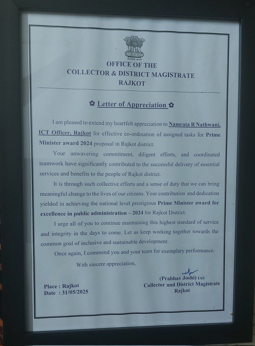 ICTO_Rajkot's tweet image. Feeling Grateful!
Honored to receive a Letter of Appreciation from @PrabhavJoshi Sir.
It motivates me to continue working with dedication &amp;amp; purpose for the betterment of our community
#Grateful  #Recognition @CMOGuj @dstGujarat
@DITGujarat
@CollectorRjt @monakhandhar @JayantiRavi