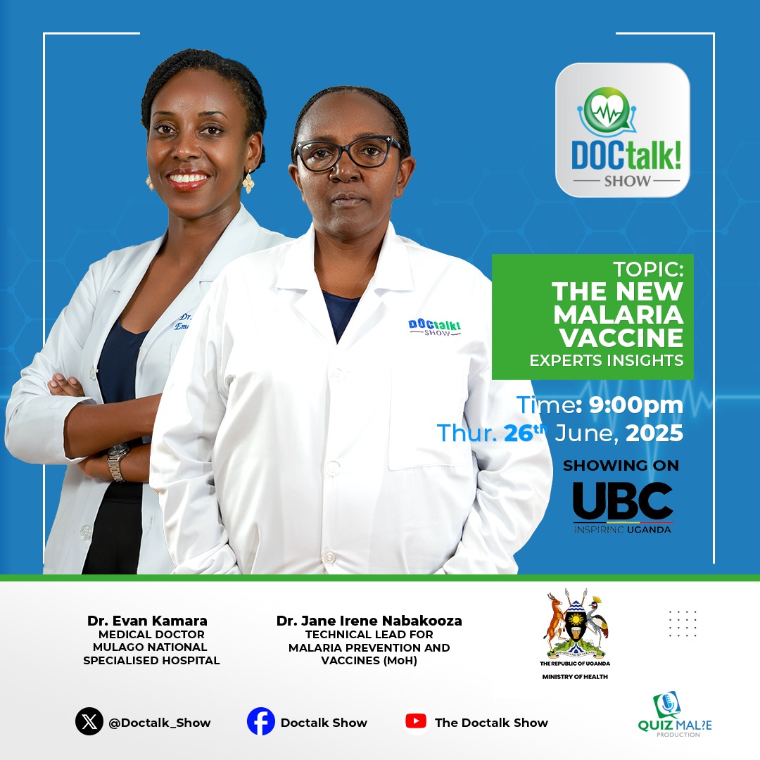 🚨 URGENT REMINDER!
Starting in 1.5hours! ⏰
Don’t miss tonight’s #DocTalkShow at 9PM on UBC TV 📺

🦟 All about the new Malaria Vaccine 💉
✅ Facts vs Myths
✅ How it's given
🎙️ <a href="/EvanKamara/">Dr K</a> hosts Dr. Jane Irene Nabakooza from <a href="/MinofHealthUG/">Ministry of Health- Uganda</a>

#MalariaVaccineUG #HealthTalk