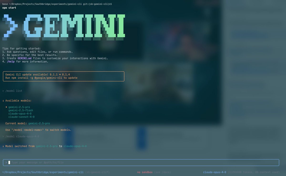 You: Gemini-CLI doesn't support other models and ratelimits you down to flash.

Me: Literally tell Claude Code to clone the gemini repo, then modify the code to never switch back from pro + add Claude models in.