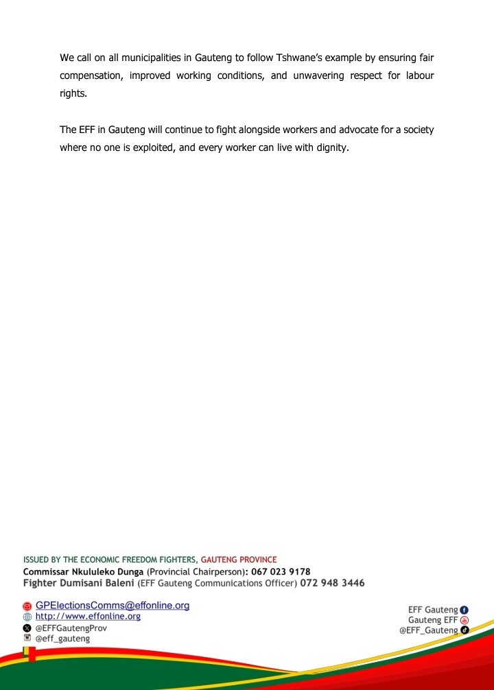 The Economic Freedom Fighters  in Gauteng Welcomes the City of Tshwane’s decision to implement a 5.01% Salary and Wage increase for the 2025/2026 Financial Year.