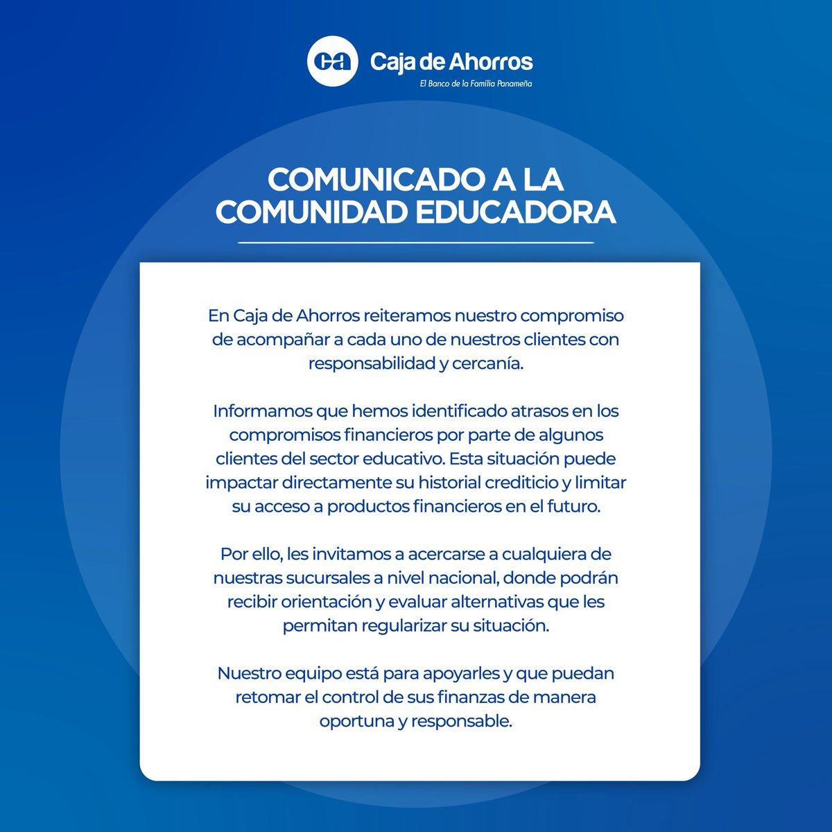 CajadeAhorrosPA's tweet photo. Comunicado a la comunidad educadora. https://t.co/XWVHEXckrt