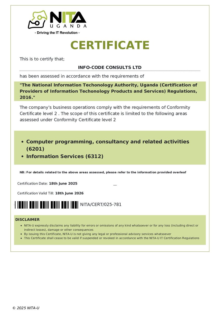 🎉 We're now NITA - U Certified!
Info-code consults Ltd is certified under conformity certificate level 2 🥈
✅ Computer Programming &amp; Consultancy
✅ Information Services

📞 0393194491 / 0200994491
🌐 infocodeconsults.com
#NITAU #ictglobaltech #ictcompetition #BusinessGrowth