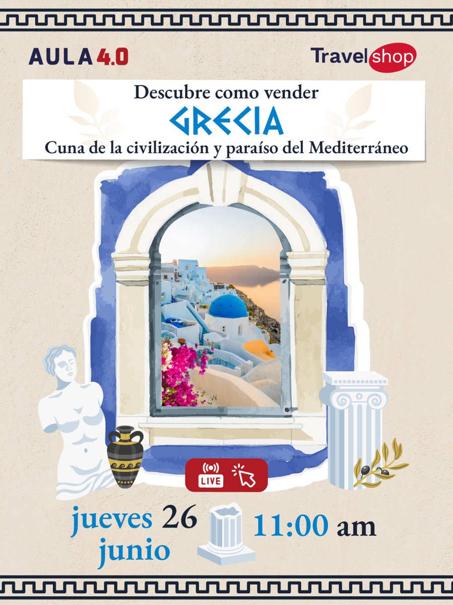 #FelizJueves Agentes de viajes
#Hoy en #Aula40 traemos un destino aspiracional para conocer cultura, historia y disfrutar su gastronomía: #Grecia 

Te esperamos en vivo:  aula40.travelnetwork.mx