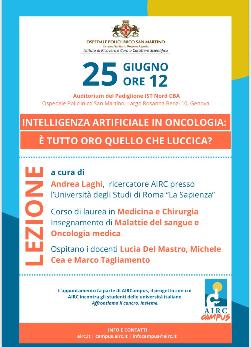 Lucia Del Mastro (@delmastro_lucia) on Twitter photo Al <a href="/SanMartino_Ge/">Ospedale San Martino Genova</a>, importante evento <a href="/AIRC_it/">Fondazione AIRC per la ricerca sul cancro</a> per studenti di Medicina: “Intelligenza artificiale in oncologia: è tutto oro quello che luccica?” stimolante confronto tra ricerca, AI e pratica clinica.
Un grande grazie al Prof <a href="/Andrea_Laghi_MD/">Andrea Laghi MD</a>, direttore e ordinario di radiologia Al <a href="/SanMartino_Ge/">Ospedale San Martino Genova</a>, importante evento <a href="/AIRC_it/">Fondazione AIRC per la ricerca sul cancro</a> per studenti di Medicina: “Intelligenza artificiale in oncologia: è tutto oro quello che luccica?” stimolante confronto tra ricerca, AI e pratica clinica.
Un grande grazie al Prof <a href="/Andrea_Laghi_MD/">Andrea Laghi MD</a>, direttore e ordinario di radiologia