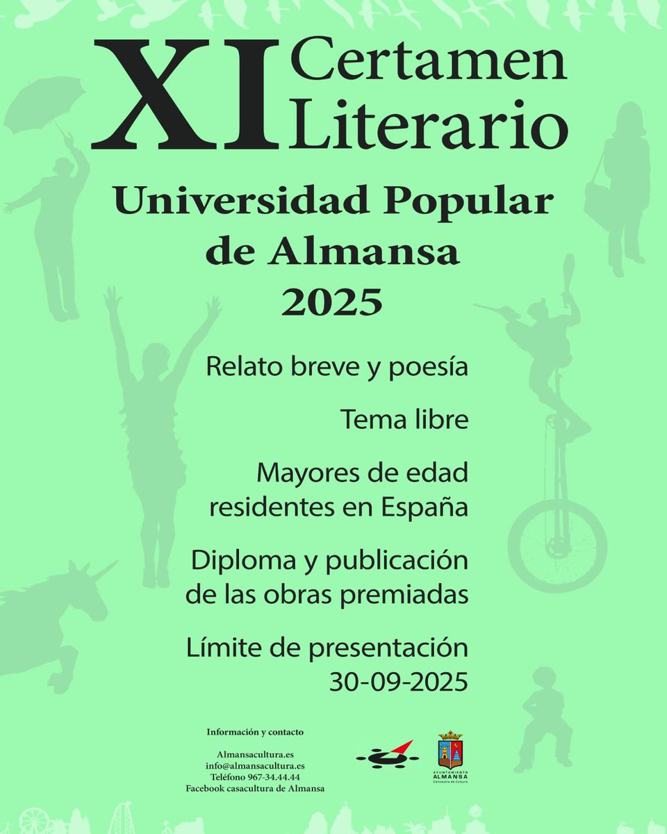 Ya está en marcha el Certamen Literario de la Universidad Popular en su décima edición, el plazo de presentación de originales concluye el 30 de septiembre de 2025. Se puede participar en la modalidad de poesía y/o relato corto.

Más información en: almansacultura.es/index.php/comp…