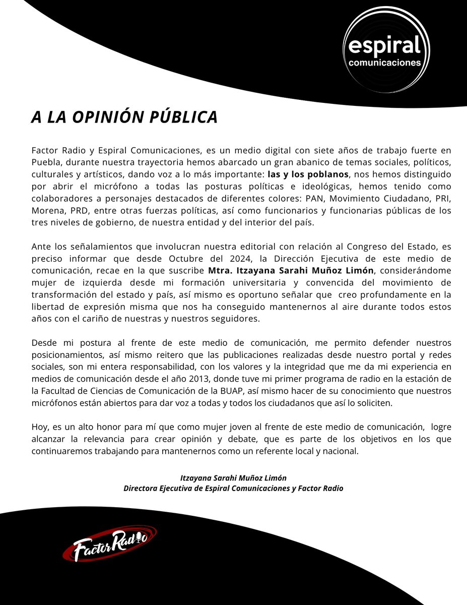 Ante los señalamientos contra nuestro medio de comunicación, compartimos nuestra postura.

Mtra. Itzayana Sarahi Muñoz Limón
Directora Ejecutiva de Factor Radio y Espiral Comunicaciones