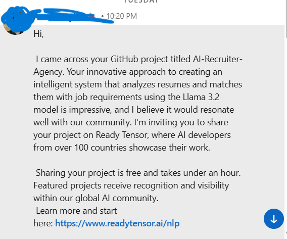 Mayur_nikumbh07's tweet photo. Just Made my day
#AIRecruiter #ReadyTensor #NLP #LLaMA #ResumeScreening #OpenSourceAI #HiringWithAI #MachineLearning #BuildInPublic #DeveloperJourney #AIProjects #LinkedInTech https://t.co/MMNT5yOmsW