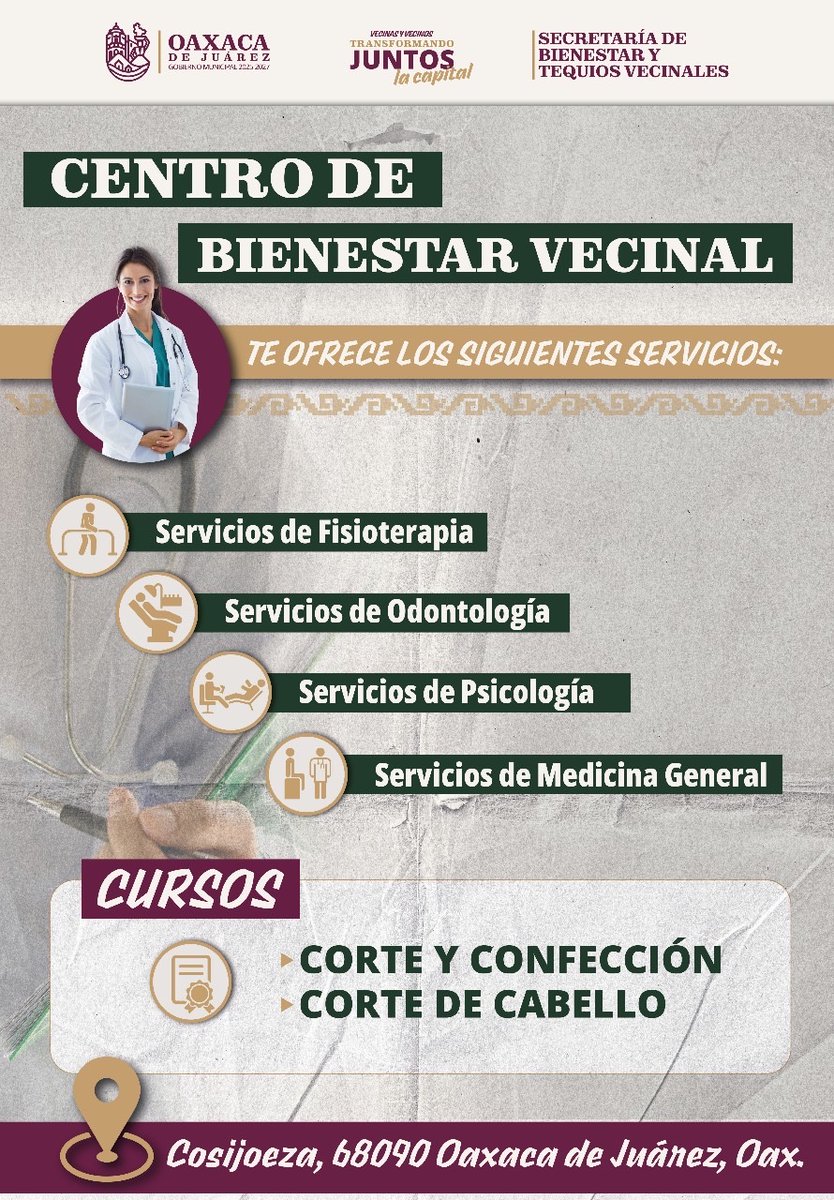 ¡En Oaxaca de Juárez trabajamos por tu bienestar! 🏥💚

El Centro de Bienestar Vecinal te ofrece atención integral con servicios gratuitos de:

🧘‍♀️ Fisioterapia
🦷 Odontología
🧠 Psicología
🩺 Medicina General