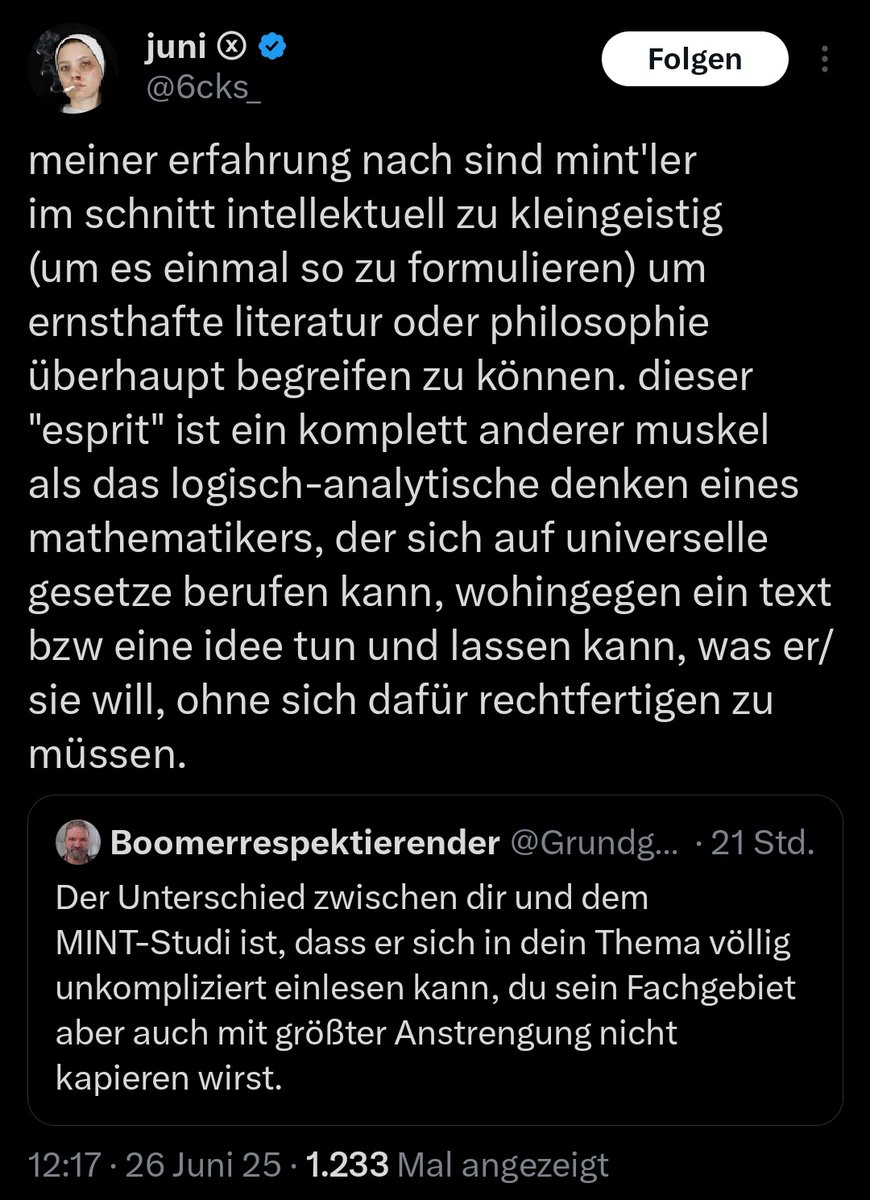 Frau Marie 🐦 (@frollein_vogelv) on Twitter photo Ich werde nie diese Minderwertigkeitskomplexe von Geisteswissenschaftlern verstehen. Die meisten Mint Menschen machen einfach so ihr Ding, das halt meistens super nerdig und komplex ist. Ich kenn ein Haufen die nebenher noch Philosophie Literatur Musik o Kunst als Hobby machen Ich werde nie diese Minderwertigkeitskomplexe von Geisteswissenschaftlern verstehen. Die meisten Mint Menschen machen einfach so ihr Ding, das halt meistens super nerdig und komplex ist. Ich kenn ein Haufen die nebenher noch Philosophie Literatur Musik o Kunst als Hobby machen