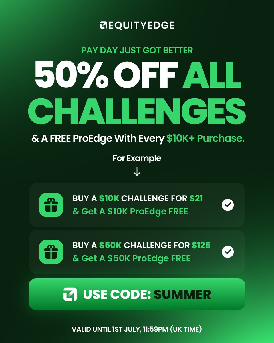 EquityEdgeUK's tweet image. 🔥 Pay Day Just Got an Upgrade…⁠
⁠
Get 50% OFF ALL Challenges - and that’s not all.⁠
⁠
💥 Every $10K and above account you purchase comes with a FREE matching ProEdge account.⁠
⁠
It’s the ultimate double win. Ready to claim yours?⁠
⁠
👉 Use code SUMMER at checkout. Offer…