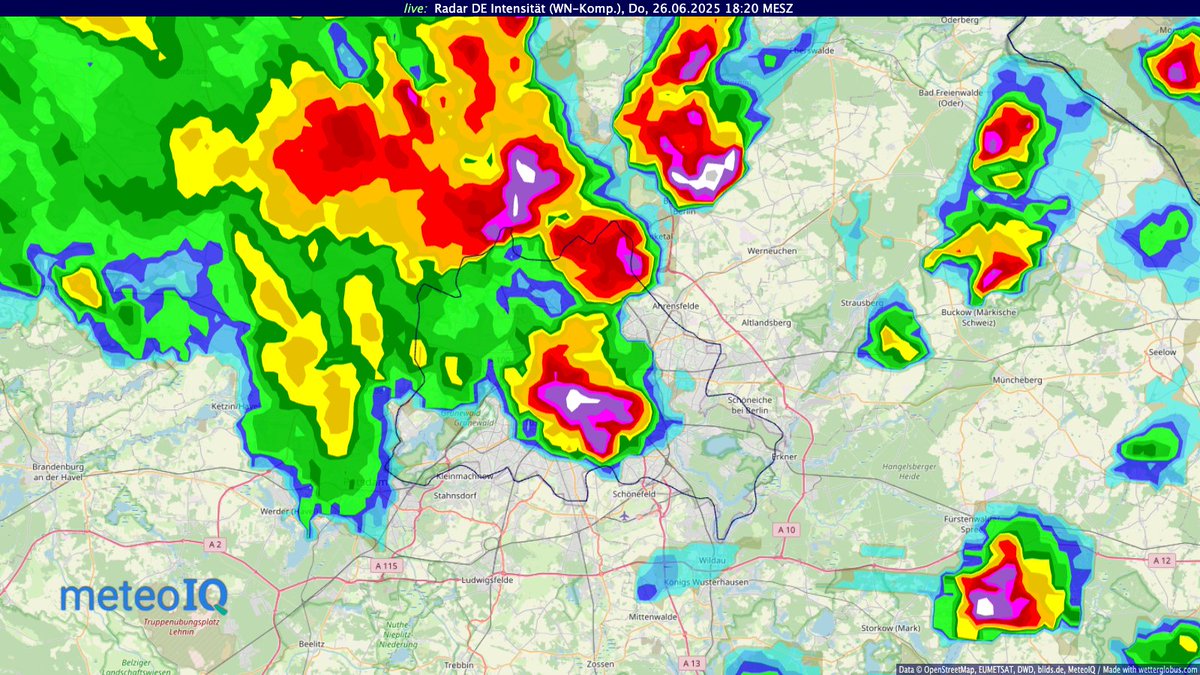 Erste Messdaten vom #Unwetter in #Berlin: #Eiskeller 12,1 mm Regen in 10 Minuten, höchste Böen bisher 96 km/h in #Adlershof gemessen