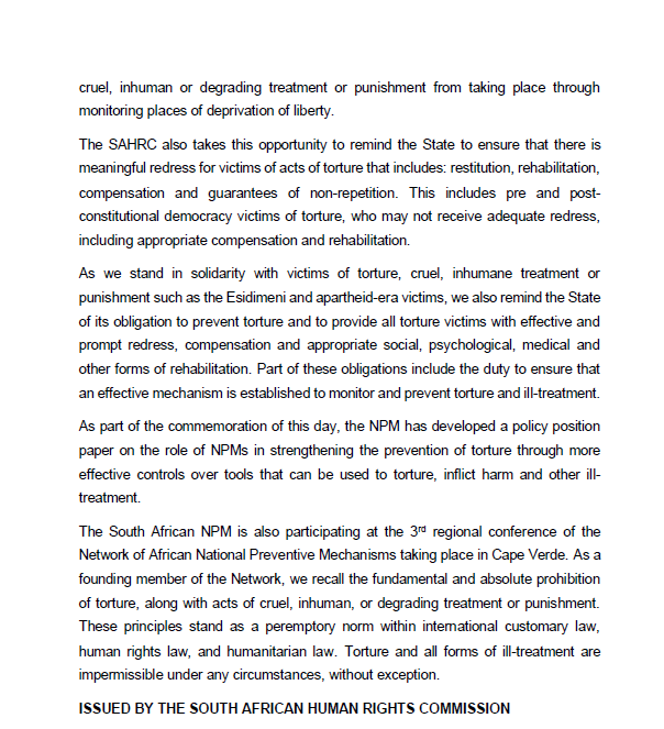 Media Statement: SAHRC marks the International Day in Support for the Victims of Torture sahrc.org.za/index.php/sahr…