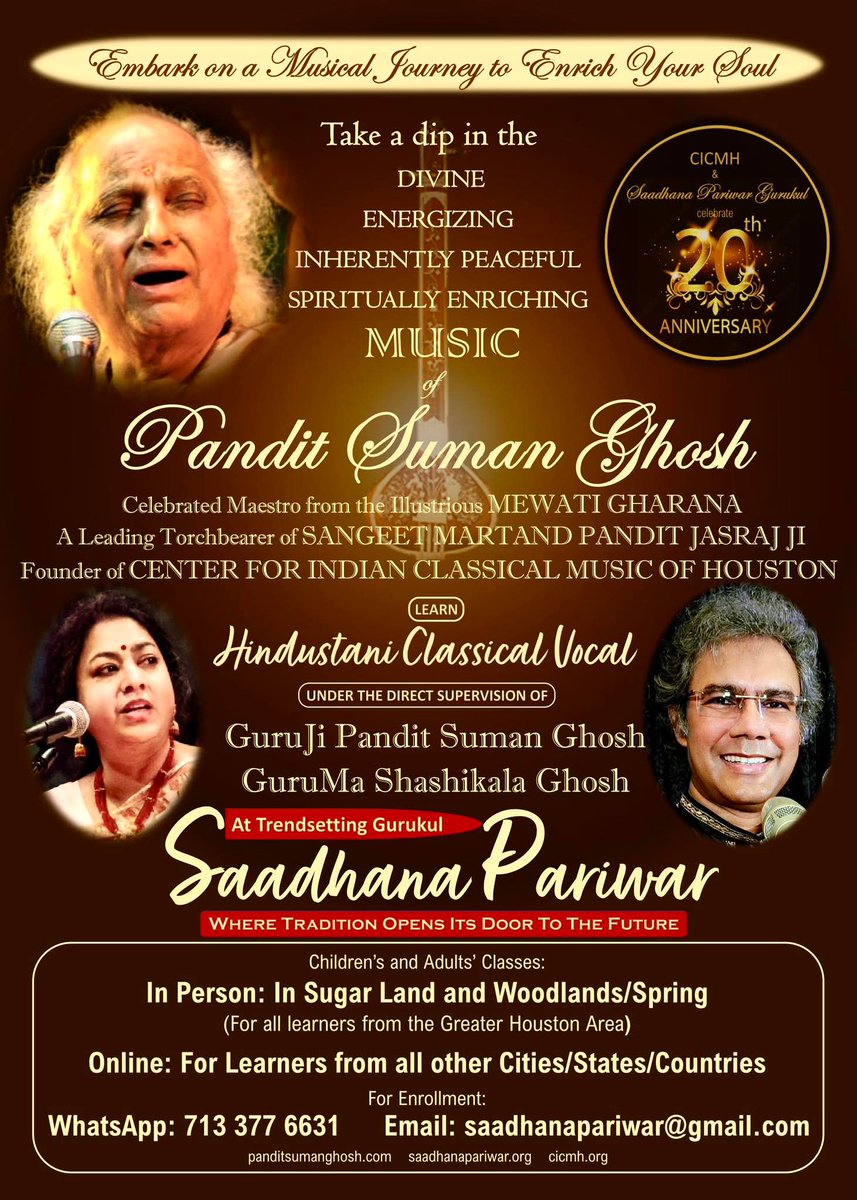 TO ENROLL in this celebrated Hindustani Vocal Gurukul, 
WhatsApp now…
(713) 377-6631