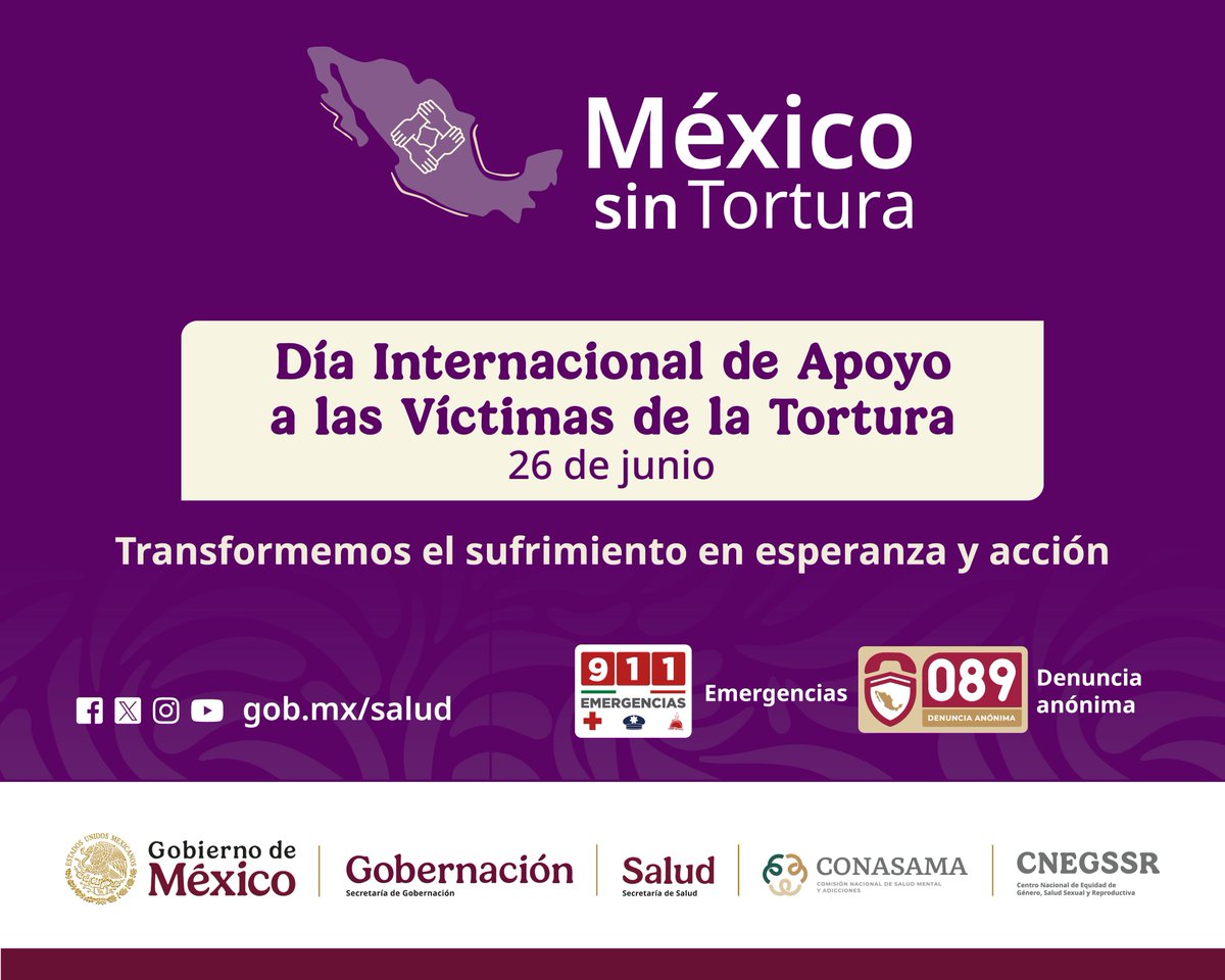26 de junio | Día Internacional de Apoyo a las #VíctimasDeLaTortura 

Un trato digno puede marcar la diferencia. El respeto, la escucha y la empatía son esenciales para prevenir la tortura, especialmente en el ámbito de la salud. 🩺

Súmate a la lucha y ayúdanos a construir un