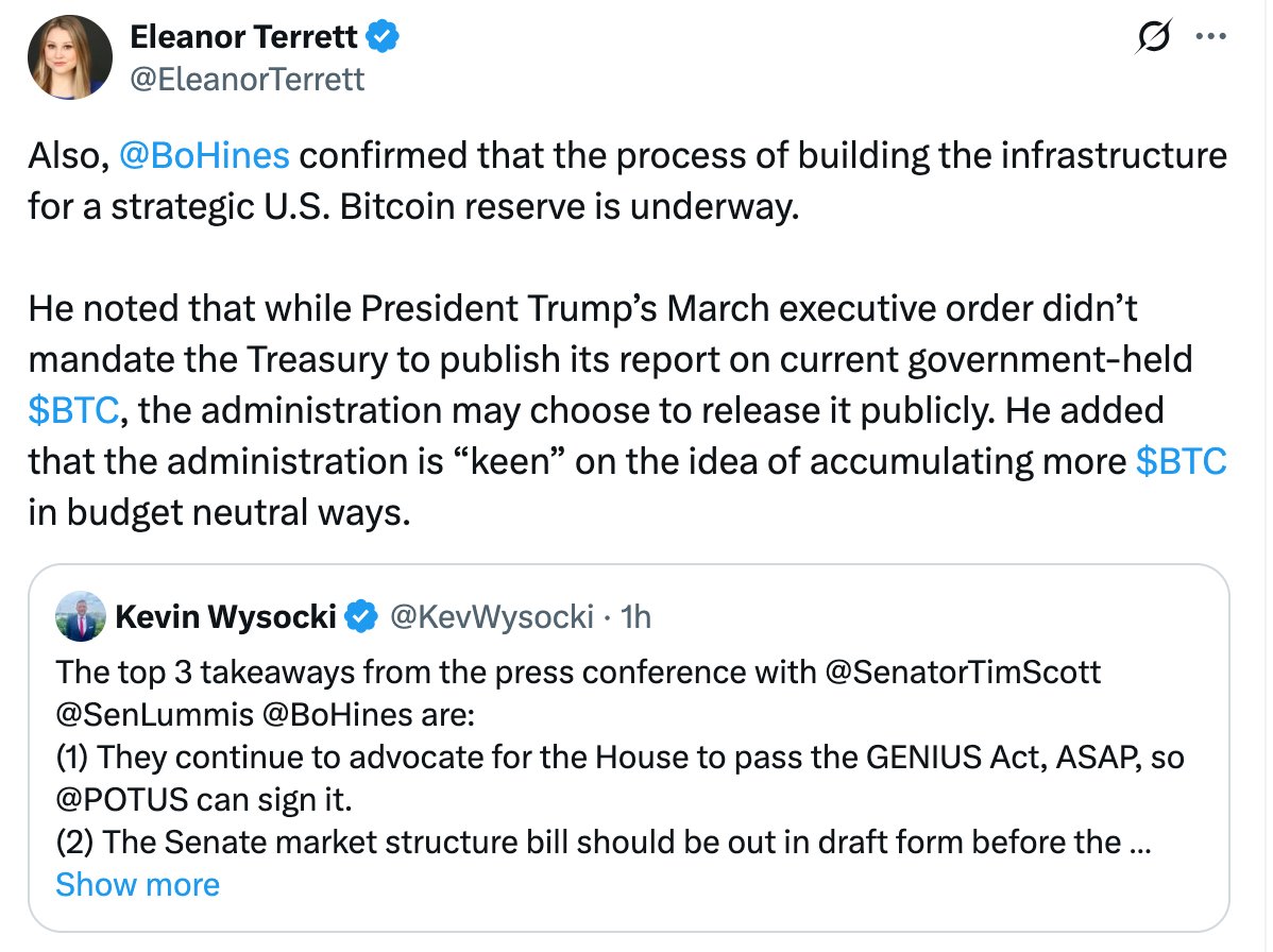 白宫顾问确认美国正筹建战略比特币储备加密记者@EleanorTerrett 今日在X 平台发文表示，白宫数字资产政策顾问@BoHines  指出，尽管特朗普今年3 月发布的行政命令并未强制财政部披露政府持有#