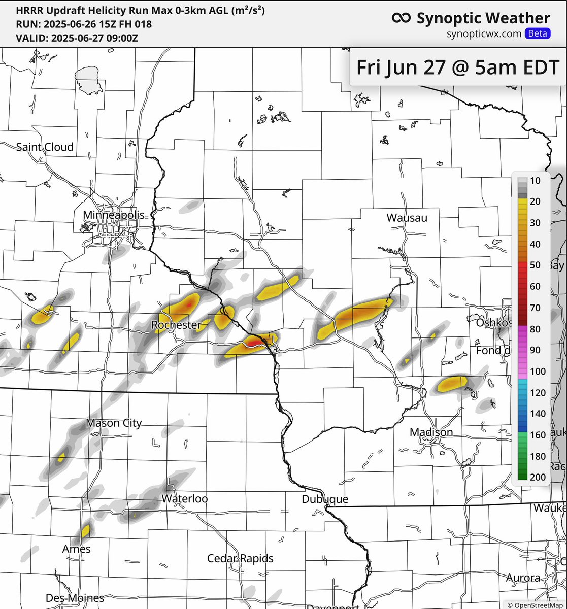 SynopticWX's tweet image. Monitoring for the potential for a few tornadoes across parts of Minnesota, Iowa and Wisconsin this evening.
Storm tracks from the latest hi-res data indicate rotating storms especially in SE Minnesota and NE Iowa.
Model data available on synopticwx.com!