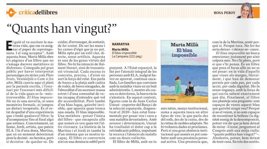 El 21 de juny se celebra el Dia Mundial de l'ELA.
A <a href="/SEGREcom/">SEGRE</a> us parlo del llibre 'El blau impossible', de Marta Millà. Ella sap què és conviure amb aquesta cruel malaltia. I en parla amb la senzilla d'haver-ho viscut.