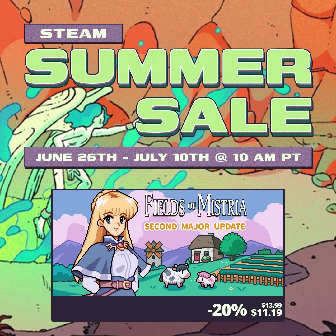 FieldsofMistria's tweet image. Fields of Mistria is 20% off for the Steam Summer Sale ☀️
The sale lasts from June 26 to July 10!
🔗 bit.ly/Mistria