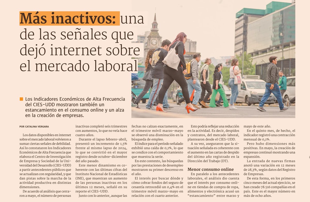 Negocios UDD (@negociosudd) on Twitter photo 📊ESTUDIO | Hoy en <a href="/DFinanciero/">Diario Financiero</a>: "Más inactivos: una de las señales que dejó internet sobre el mercado laboral", según Indicadores Económicos de Alta Frecuencia que elabora el #CIESUDD. 📷
➡️negocios.udd.cl/noticias/2025/…
📄Revisa el estudio: negocios.udd.cl/cies/files/202… 📊ESTUDIO | Hoy en <a href="/DFinanciero/">Diario Financiero</a>: "Más inactivos: una de las señales que dejó internet sobre el mercado laboral", según Indicadores Económicos de Alta Frecuencia que elabora el #CIESUDD. 📷
➡️negocios.udd.cl/noticias/2025/…
📄Revisa el estudio: negocios.udd.cl/cies/files/202…