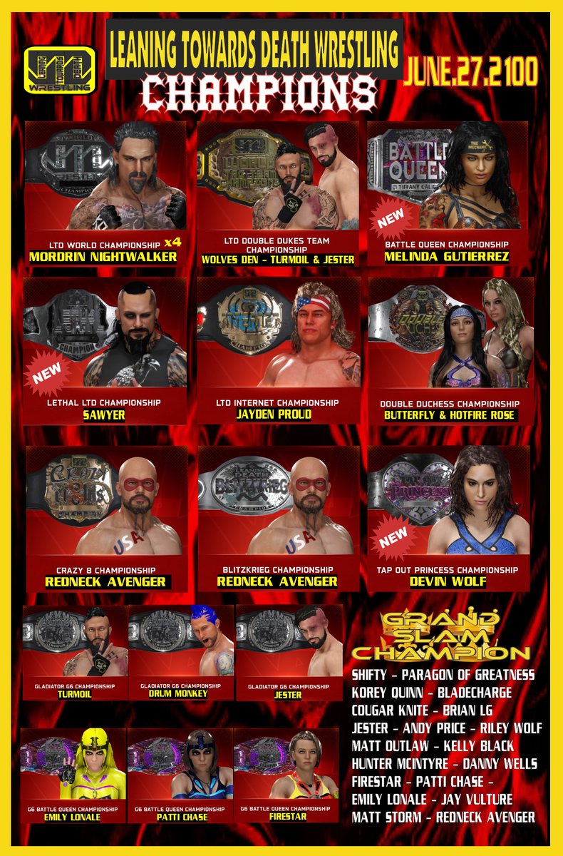 CURRENT LTD 2K25 CHAMPIONS June 27, 2025/2100
<a href="/MrdNightwalker/">The Patriarch</a> <a href="/Turmoil619/">Turmoil</a> <a href="/DocBucknus/">Jester Cyanide</a> <a href="/DrumMonkey82/">Drum Monkey</a> <a href="/TemplePlays5150/">Temple Plays (SAWYER)</a> <a href="/RileyfnWolf/">Theresabeltinmyhand</a> <a href="/WolvesofPreyCAW/">Devin “The Million $ Prize Fighter” Wolf</a> <a href="/SecondCityCAWs/">Second City Dojo</a> <a href="/JayVulture94/">Jamie Joey Vautour</a> <a href="/ShiftyPDW/">Shifty The Drunken DragonClown</a> <a href="/ebladecharge/">bladecharge (cyberpunk vtuber/CAW)</a>