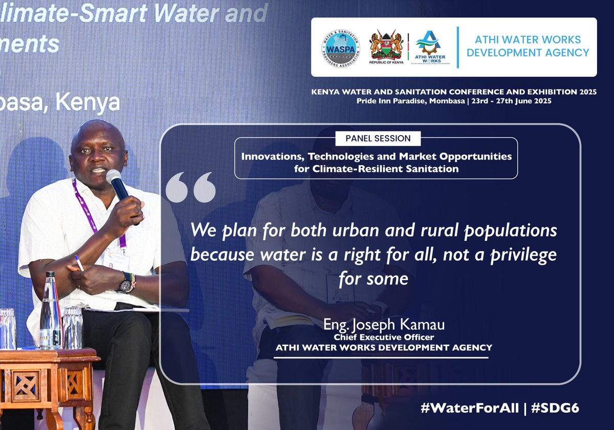 AthiWaterWorks's tweet image. Excerpts from our CEO @EngJosephKamau during a panel session at the Kenya Water and Sanitation Conference 2025 in Pride Inn Paradise, Mombasa.
#WaterForAll #SDG6