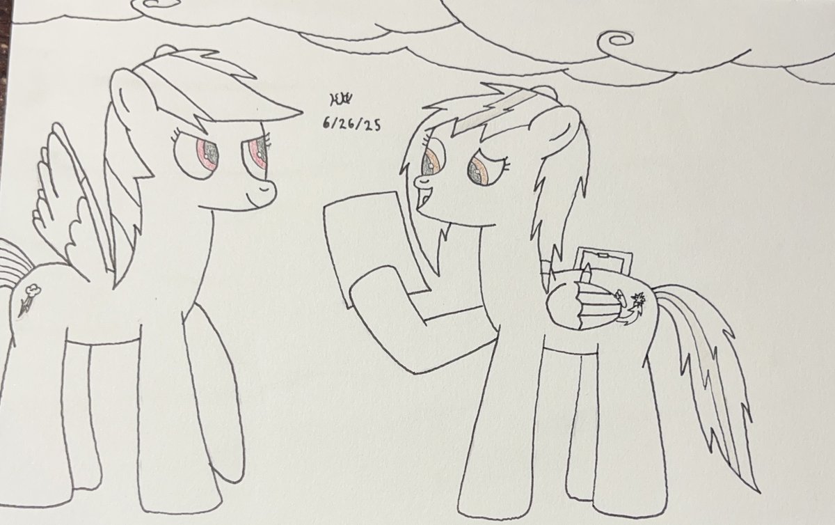 KevinHz19's tweet photo. Day 24: Draw a pony calling the shots/Draw a pony taking charge
My OC, Kayla taking charge of what the weather should be for today since is cloudy. And R. Dash ready to keep her "20 second flat" say, true to clear the skies.
#NATG #NATGDay24 #mlp #mylittlepony https://t.co/cQg54rTx9J