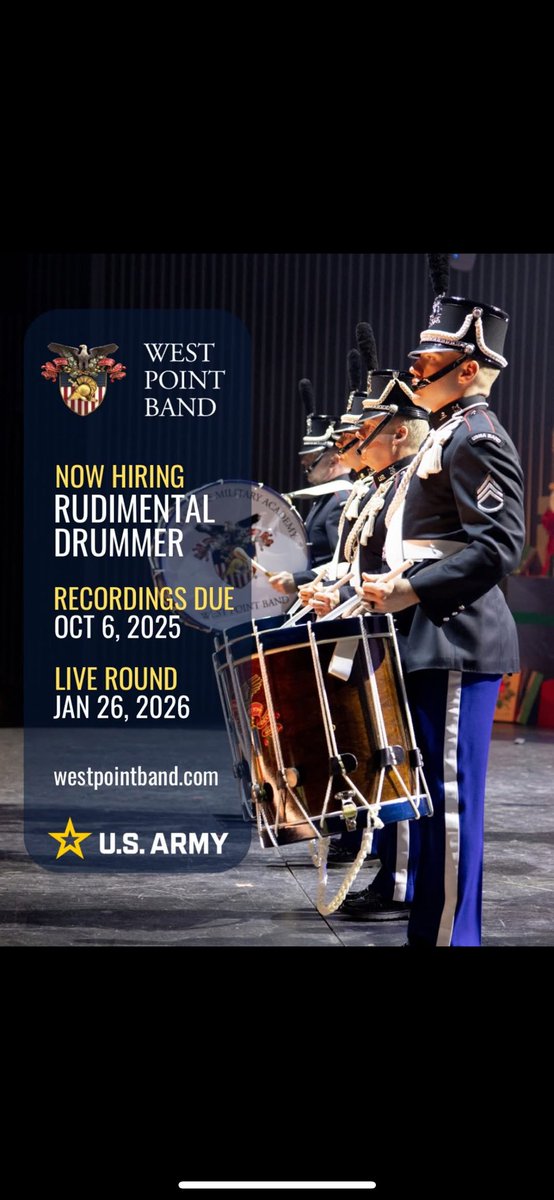 Join our team!🥁

The West Point Band announces a vacancy for rudimental drummer in our field music group, the Hellcats!

Packets due: October 6, 2025
Live round: January 26, 2026

More information can be found here: bit.ly/4kgAanz