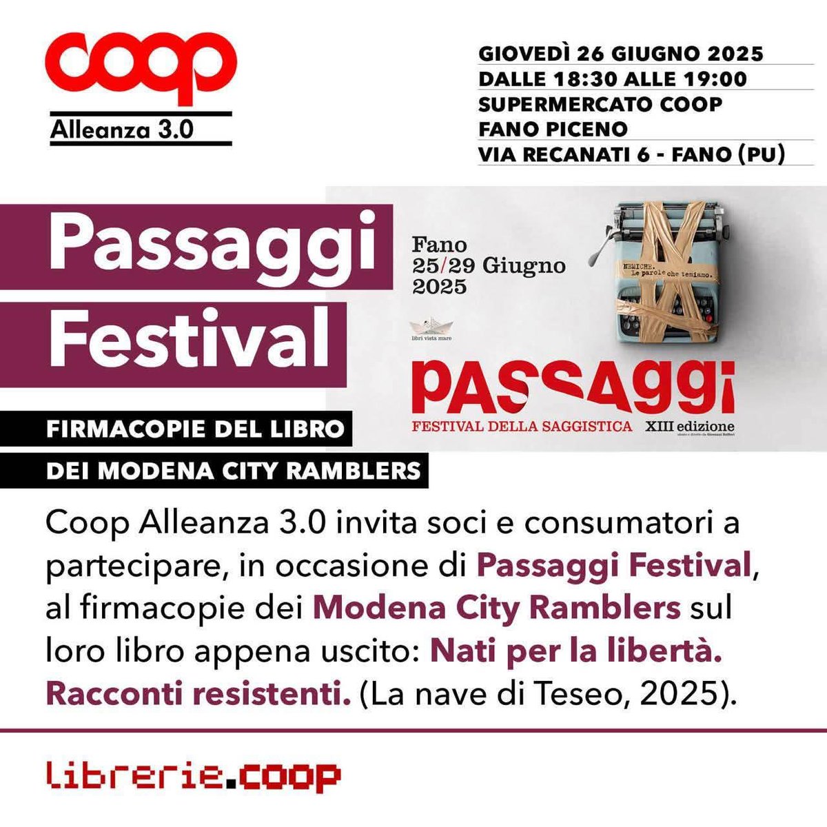 Modena City Ramblers 💣 (@mcityramblers) on Twitter photo 26.6 Doppio appuntamento a #Fano per il nostro libro #Natiperlalibertà ed. <a href="/lanavediteseoed/">La nave di Teseo</a>
H18.30 alla Coop di via Recanati, 6 e poi al #PassaggiFestival conversazione con #DavideMorresi e la consegna del premio #FuoriPassaggi al #Pincio H21
Vi aspettiamo! 26.6 Doppio appuntamento a #Fano per il nostro libro #Natiperlalibertà ed. <a href="/lanavediteseoed/">La nave di Teseo</a>
H18.30 alla Coop di via Recanati, 6 e poi al #PassaggiFestival conversazione con #DavideMorresi e la consegna del premio #FuoriPassaggi al #Pincio H21
Vi aspettiamo!