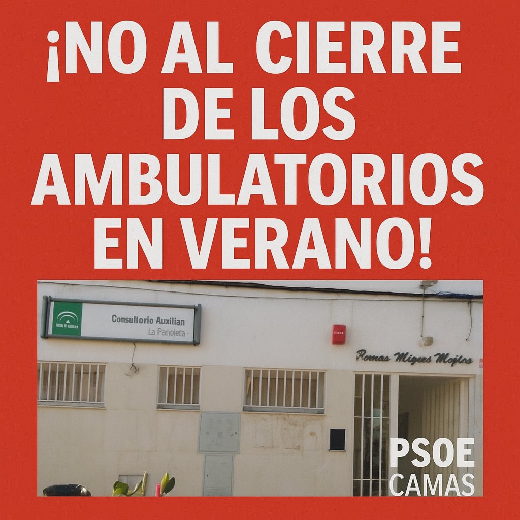 ❌ Este verano la Junta cierra ambulatorios en Camas.

Llevamos plenos pidiendo mejoras en la sanidad, y Moreno Bonilla responde destruyéndola.

¡No lo permitiremos! ¡Nuestros vecinos merecen una sanidad pública digna!

#Camas #SanidadPública #PSOECamas #NoAlCierre